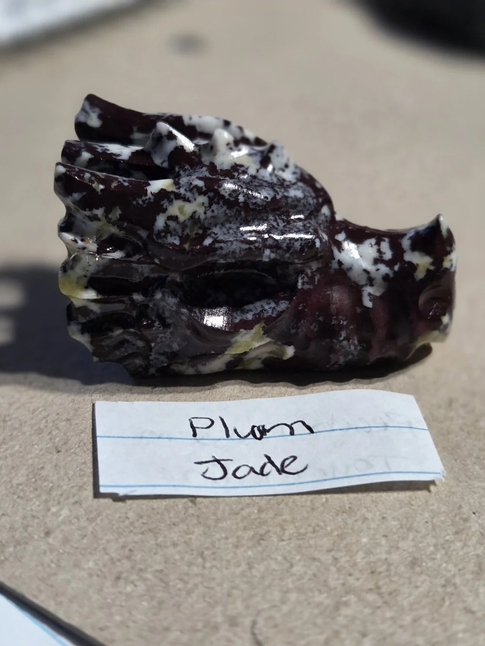 Detailed Plum Jade Crystal Carved Dragon Head Stone Sculpture Decor